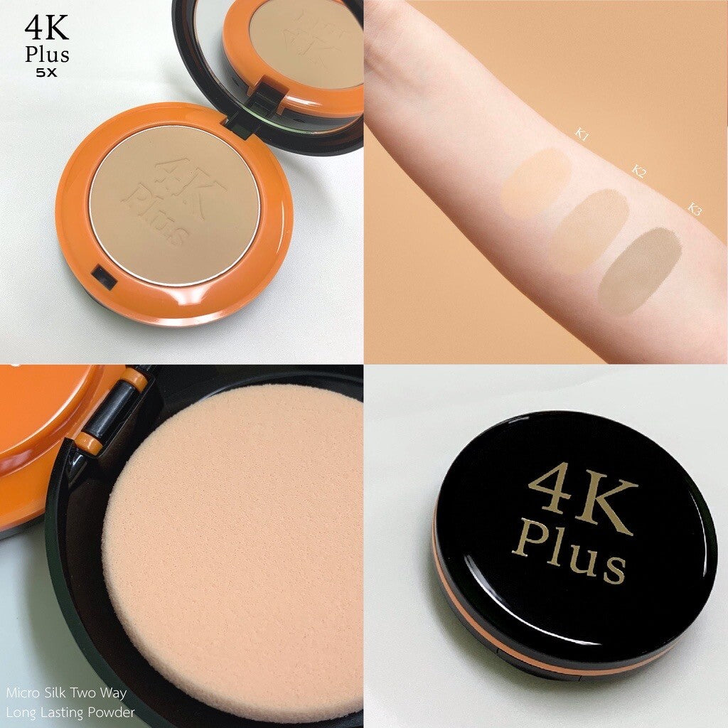Makeup product with '4K Plus' branding, shown in open and closed states, on a white background.