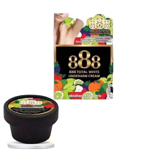 888 Total White Underarm Cream packaging with a refillable compact jar on a decorative stand.
