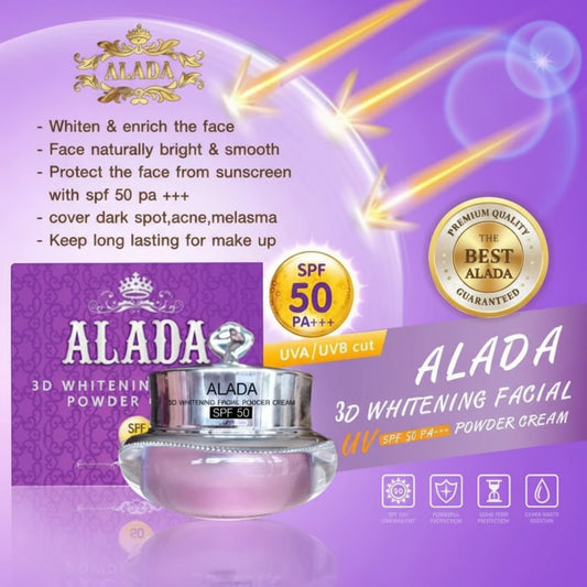 Alada 3D Whitening Powder and Cream with purple packaging and SPF 50 PA+++ text.