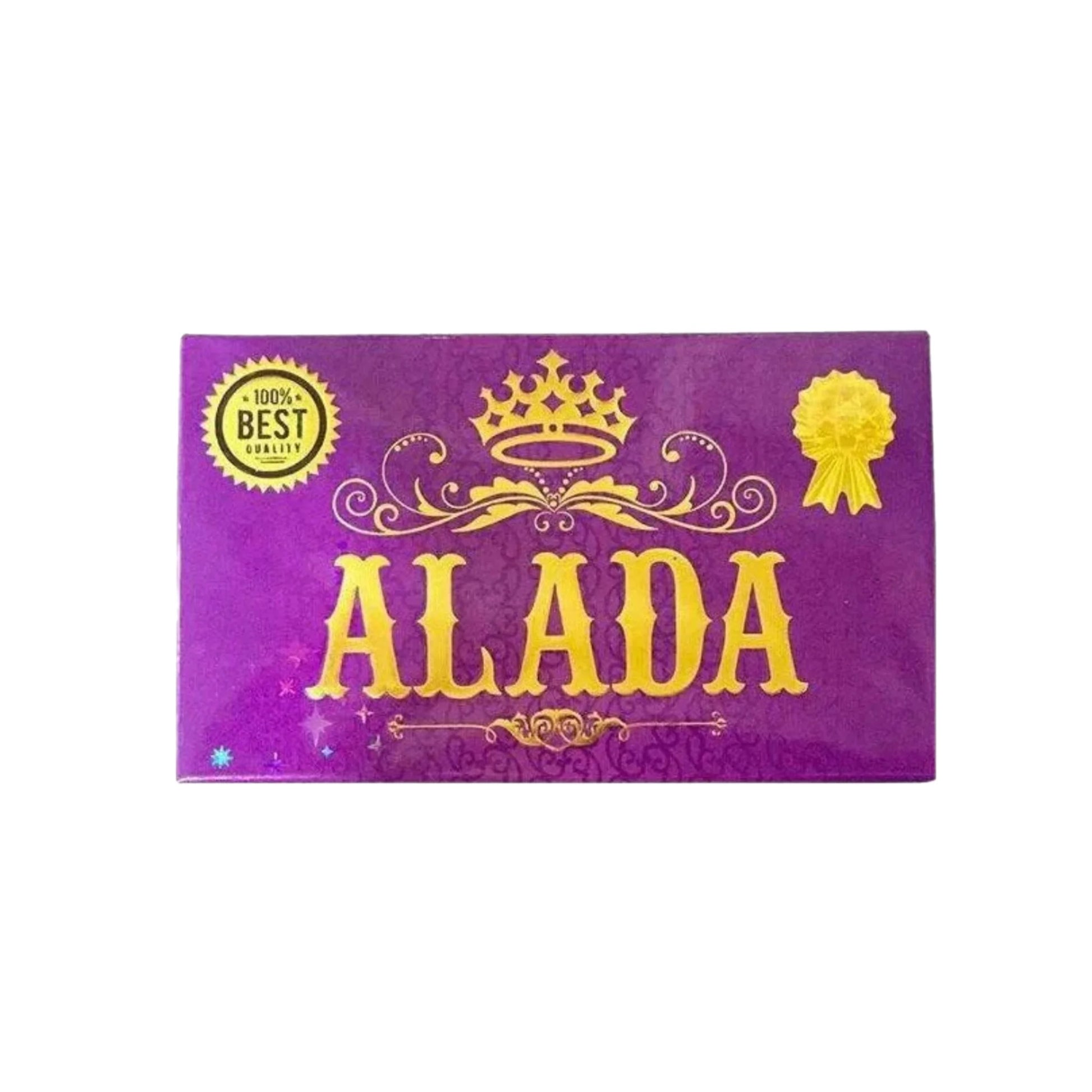 Purple product packaging with 'ALADA' branding and decorative elements on a white background