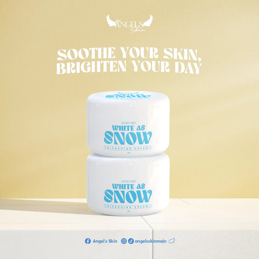 Two jars of 'White as Snow' cream on a light beige background with promotional text.