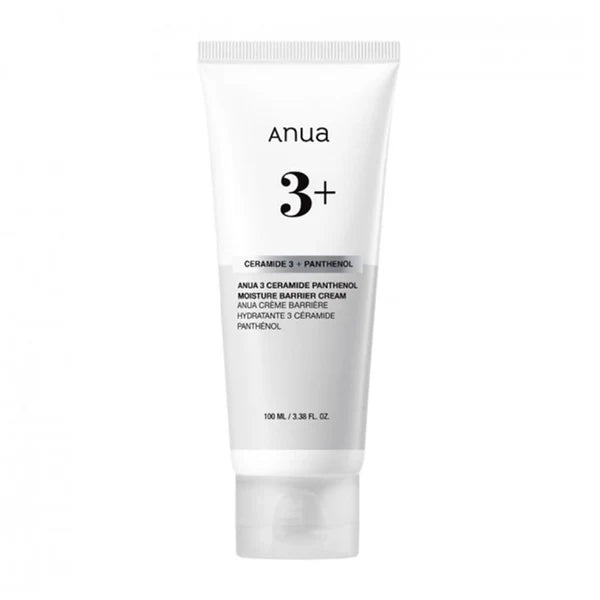 ANUA 3 Ceramide Panthenol Moisture Barrier Cream in a white tube with blue and black text, highlighting the product name and benefits.