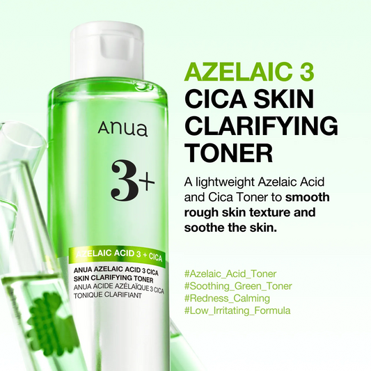 Anua Azelaic 3 Cica Skin Clarifying Toner bottle with product description on a light green background