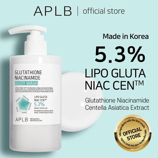 APLB body wash bottle with product details on a light blue background