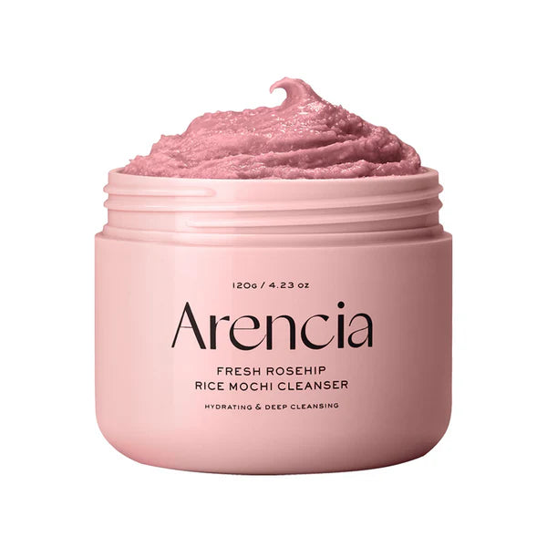 Pink jar of Arencia Fresh Rosehip Rice Mochi Cleanser on a white background