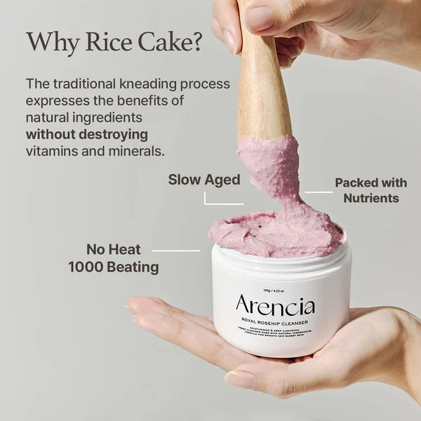 Arencia Royal Rosehip Cleanser with text explaining benefits on a gray background