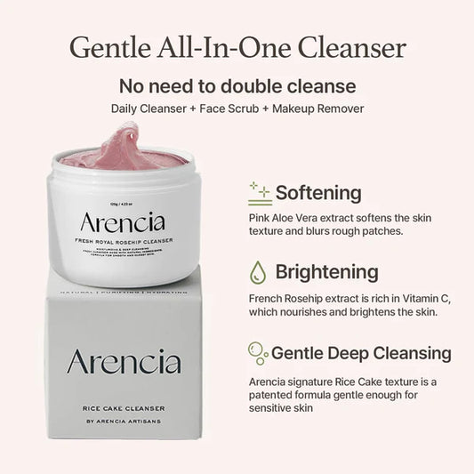 Arencia rice cake cleanser with product details on a white background