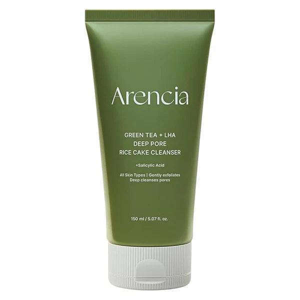 Green tube of Arencia Green Tea + LHA Deep Pore Rice Cake Cleanser on a white background