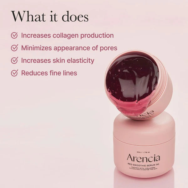 Pink skincare serum bottle with text highlighting its benefits on a light pink background