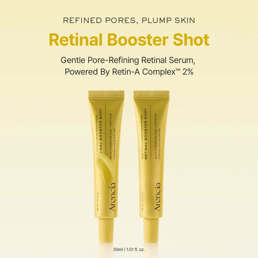 Two tubes of Arenicia Retinal Booster Shot on a beige background with product details.