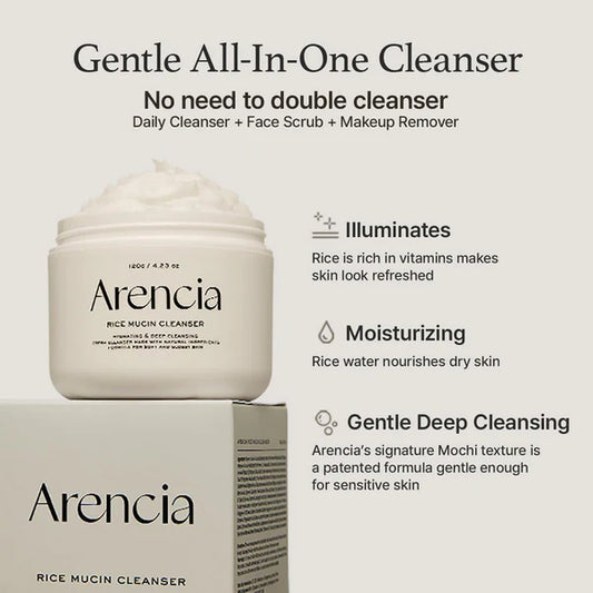Arencia rice mucin cleanser with product packaging on a light gray background