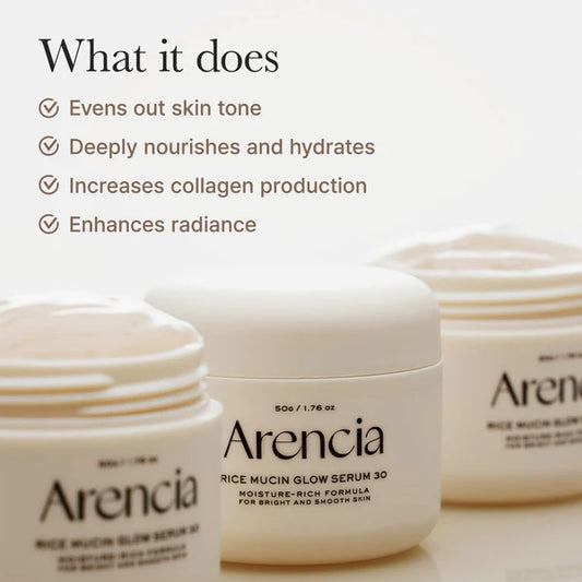 Arencia rice mucin glow serum jars with product benefits listed on a white background