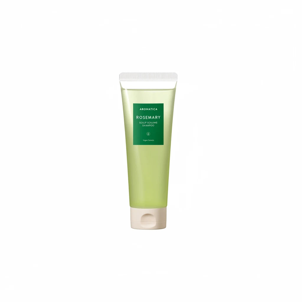 Tube of Aromatica Rosemary Scalp Scaling Shampoo on a white background