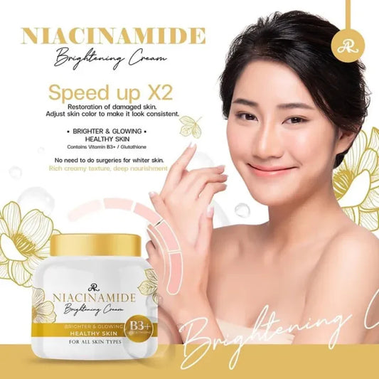 Niacinamide brightening cream with a model applying it on her face, featuring gold and white design elements.