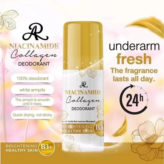 Niacinamide Collagen Deodorant bottle with branding and product features on a decorative background
