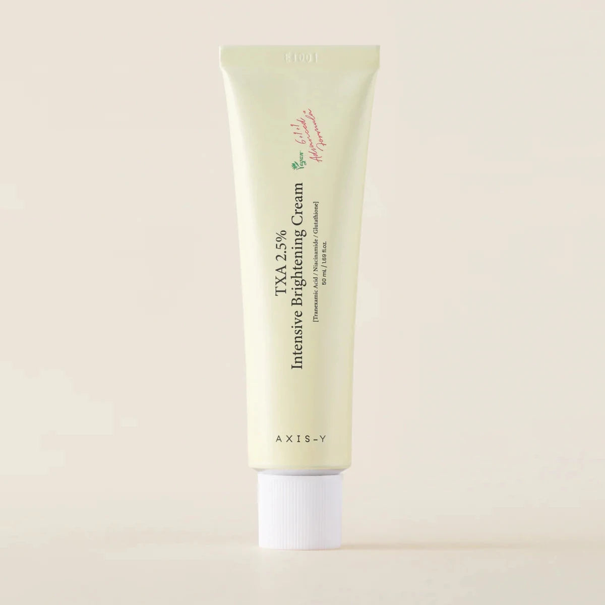 Tube of AXIS-Y TXA25% Cream on a beige background