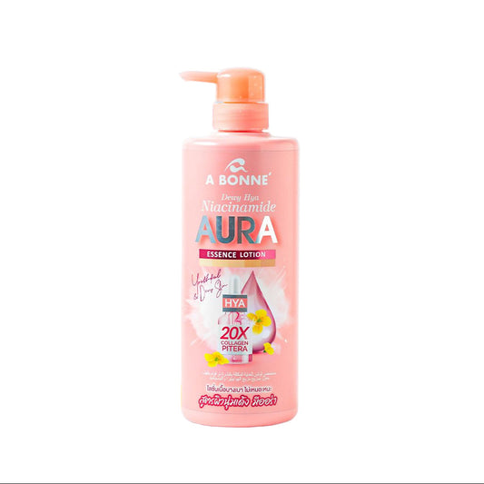 Bottle of A Bonne Aura Essence Lotion with product features on a light blue background