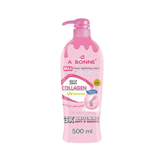 A pink bottle of A Bonne' Milk Power Lightening Lotion with a pump dispenser, labeled with the brand's logos and product information, including UV protection and collagen content.