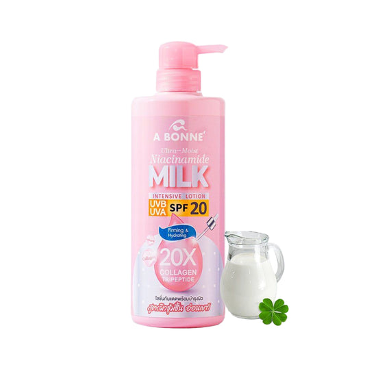 Pink bottle of A Bonne Milk with skincare benefits on a light blue background