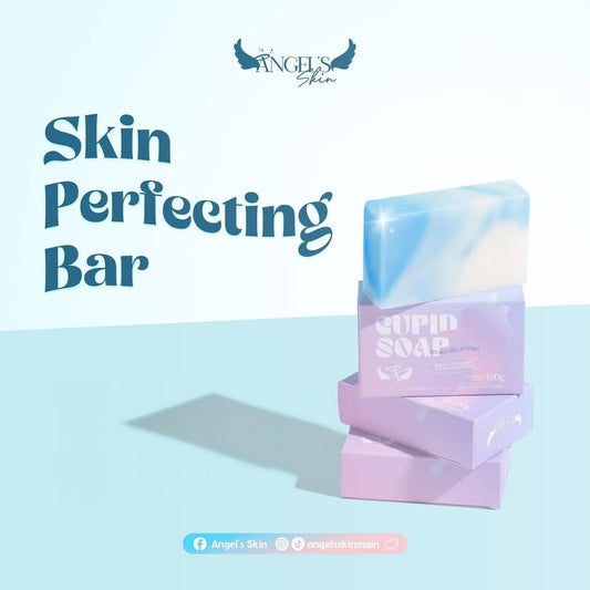 Skin Perfecting Bar packaging with 'Angels Skin' branding on a light blue background