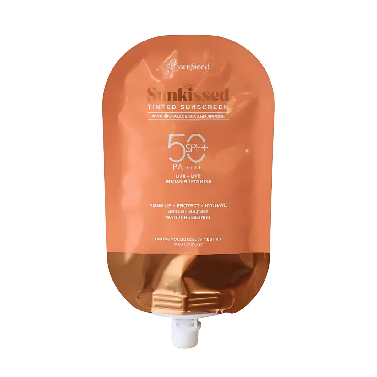 Sunkissed tinted sunscreen pouch with SPF 50 on a white background