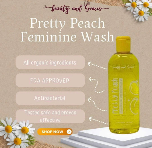 Yellow bottle of 'Pretty Peach Feminine Wash' with text on a beige background