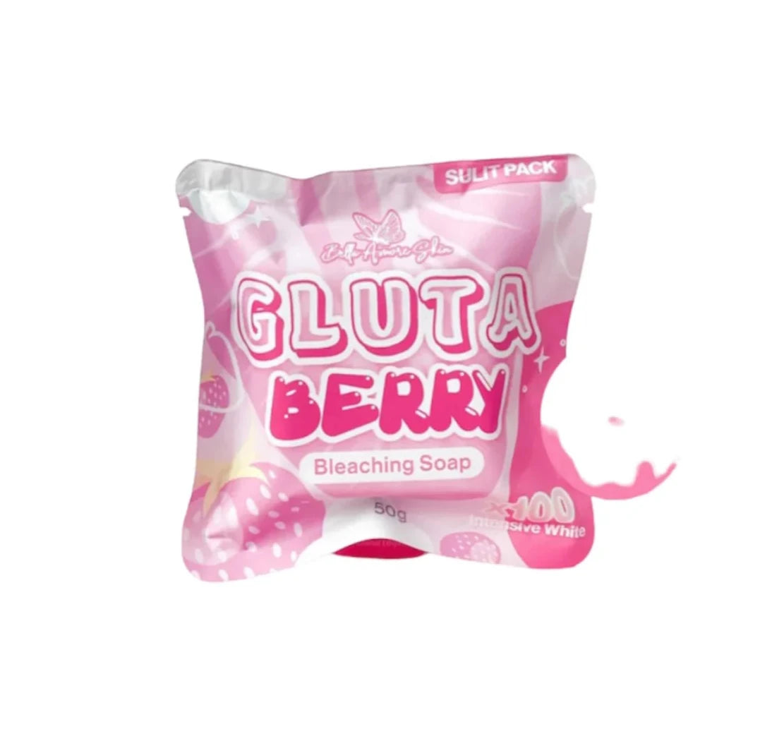 Pink packaging of Gluta Berry Bleaching Soap on a white background