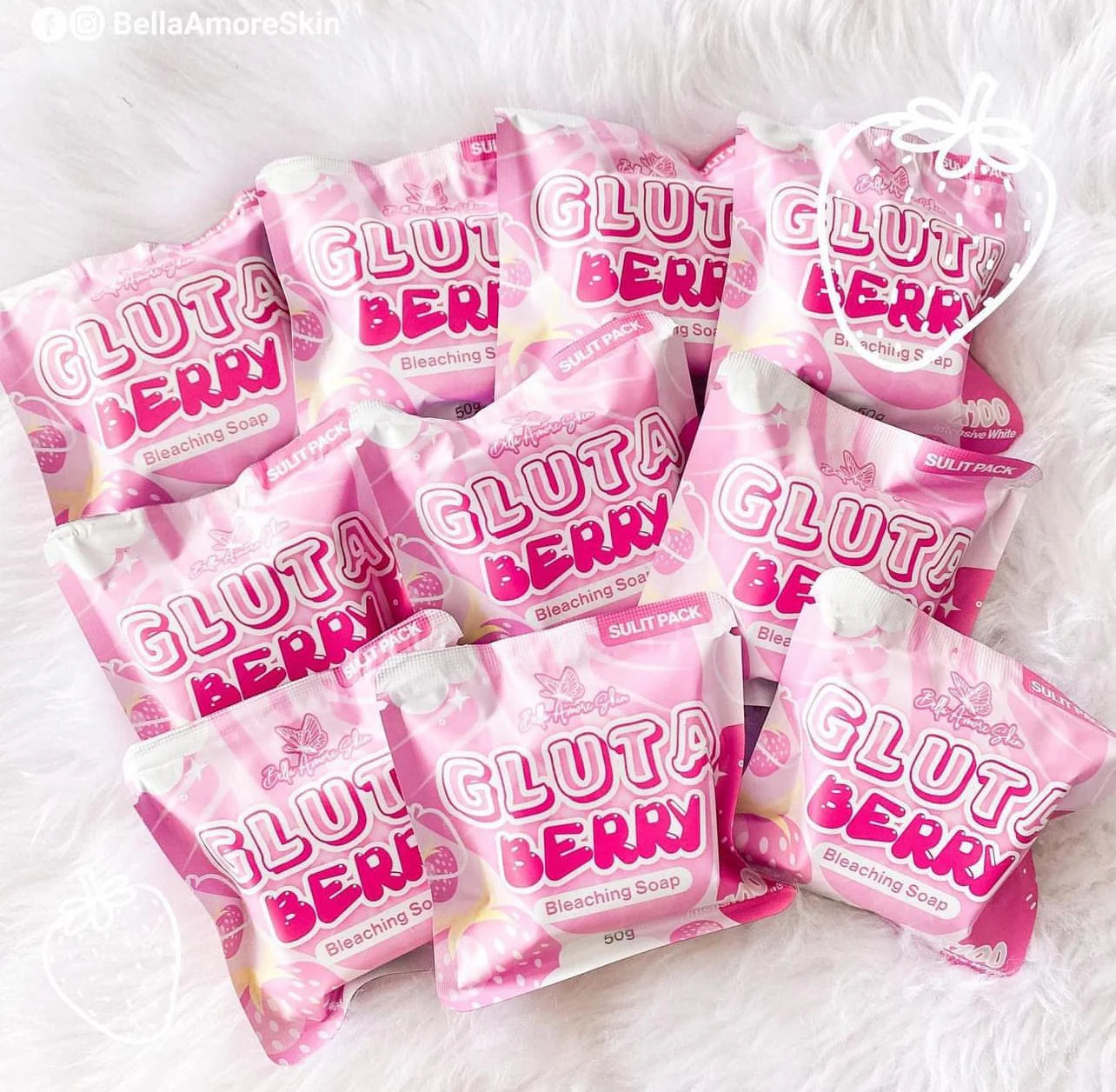 Multiple packs of Gluta Berry soap on a white background