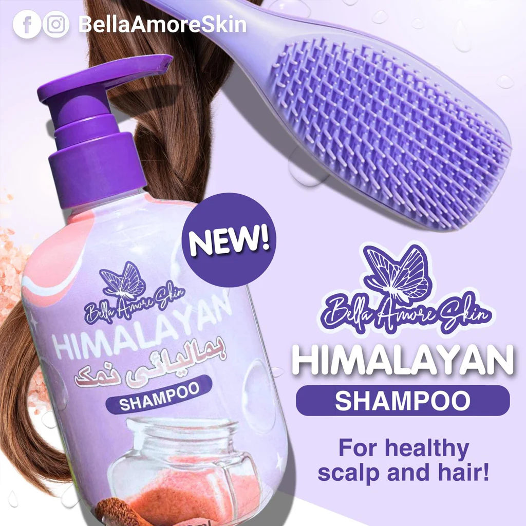 Bella Amore Skin Himalayan Shampoo bottle with brush on a white background