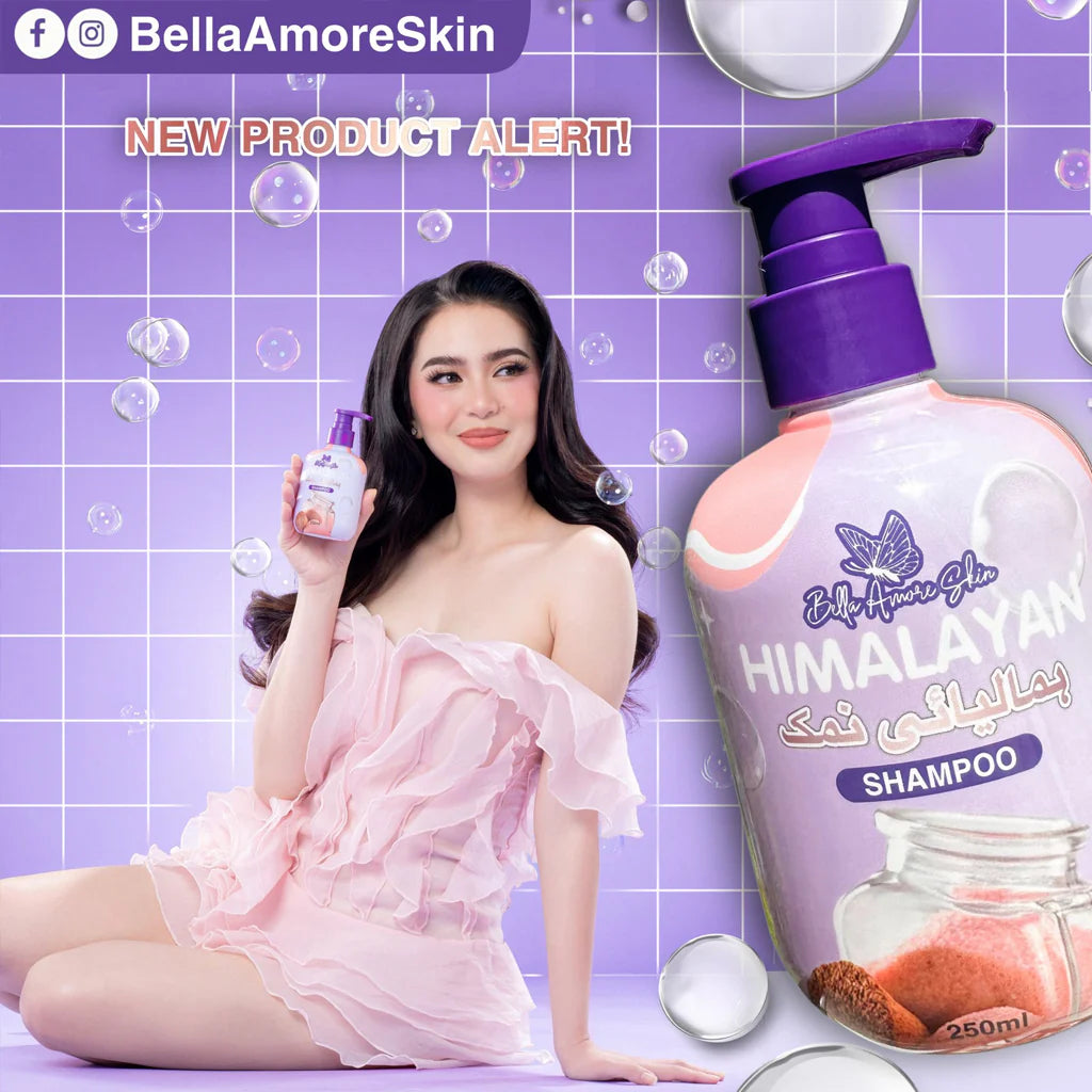 Woman holding a bottle of BellaAmoreSkin Himalayan Salt Shampoo with product packaging and branding elements.