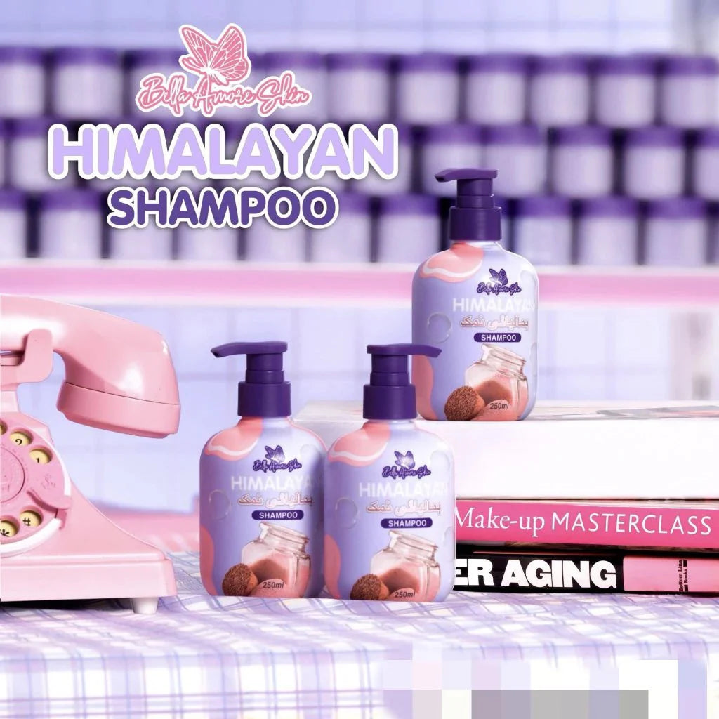Himalayan shampoo bottles with a pink phone and text on a checkered background