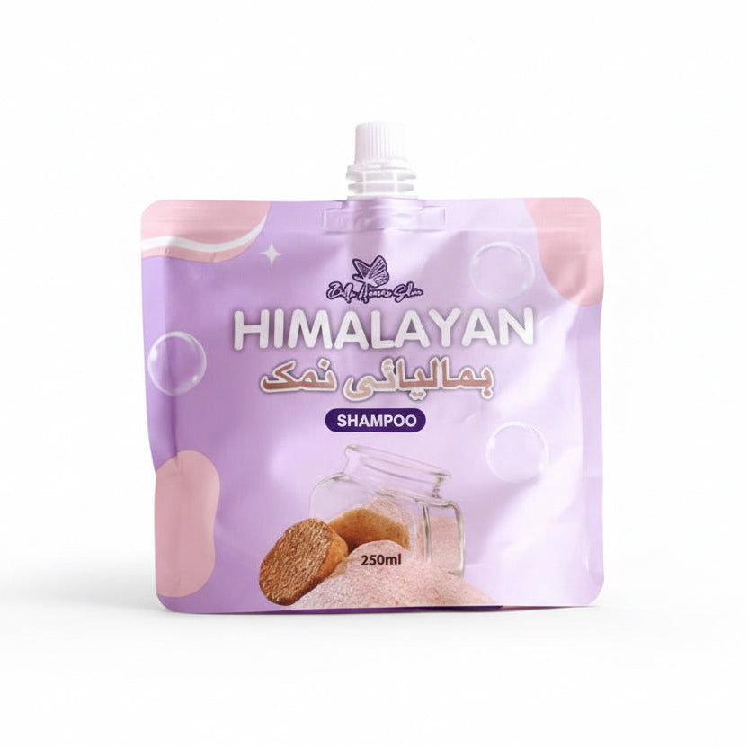 Himalayan Shampoo Refill pack by Bella Amore on a light purple background with floral elements.