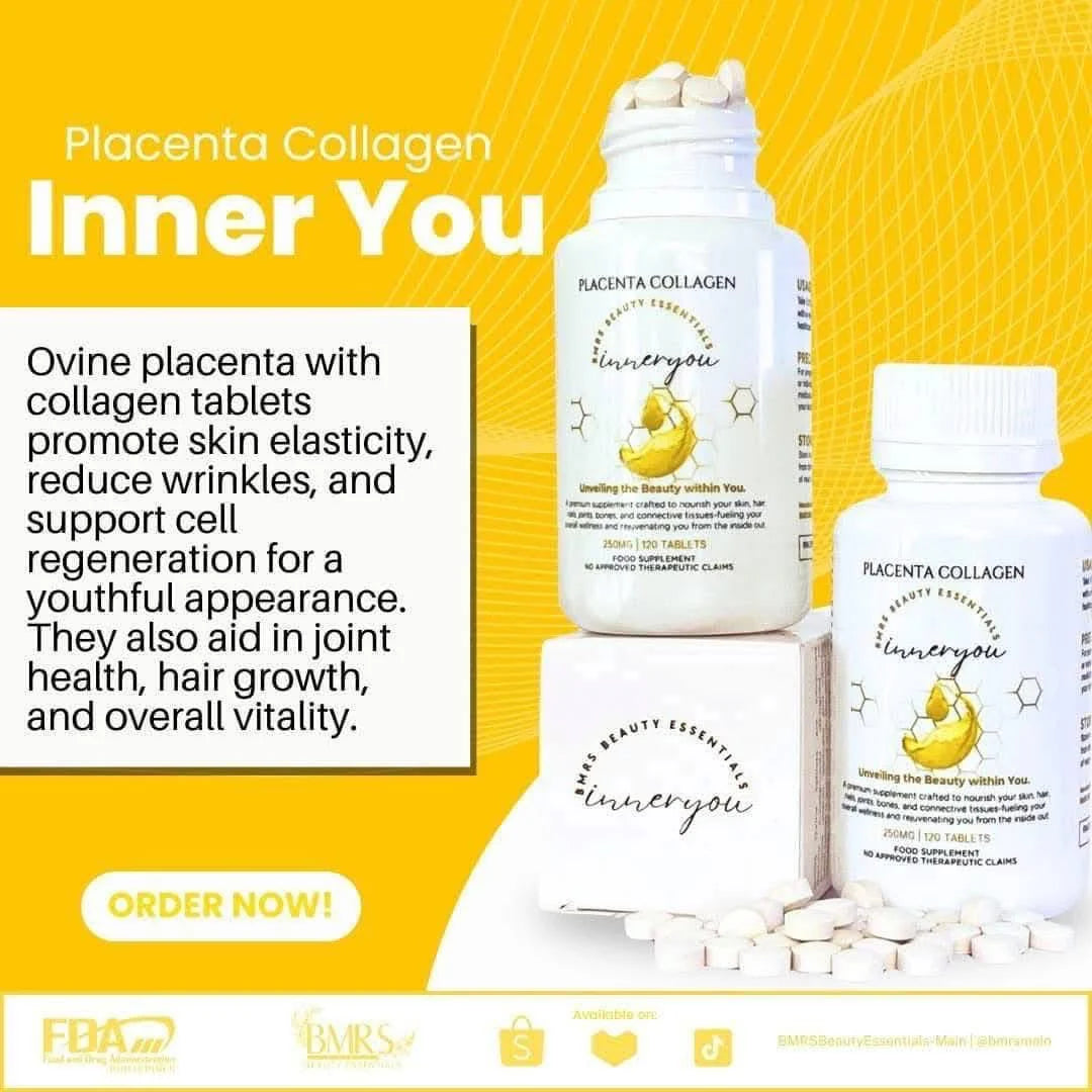 Placenta Collagen Inner You supplement bottles with text on a yellow background