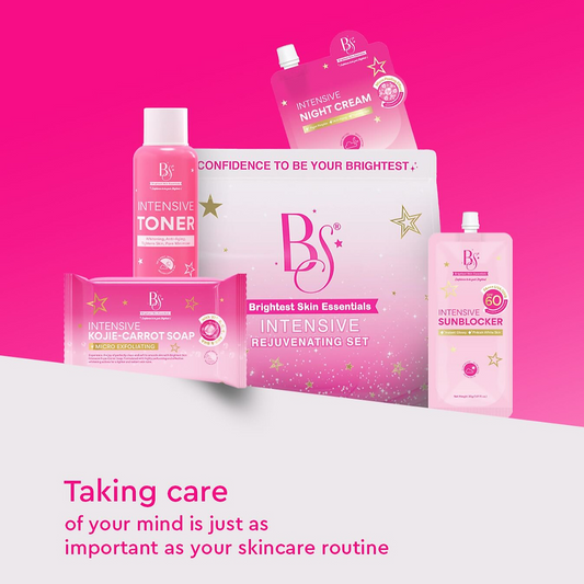 Set of skincare products with 'BJS' branding on a pink background