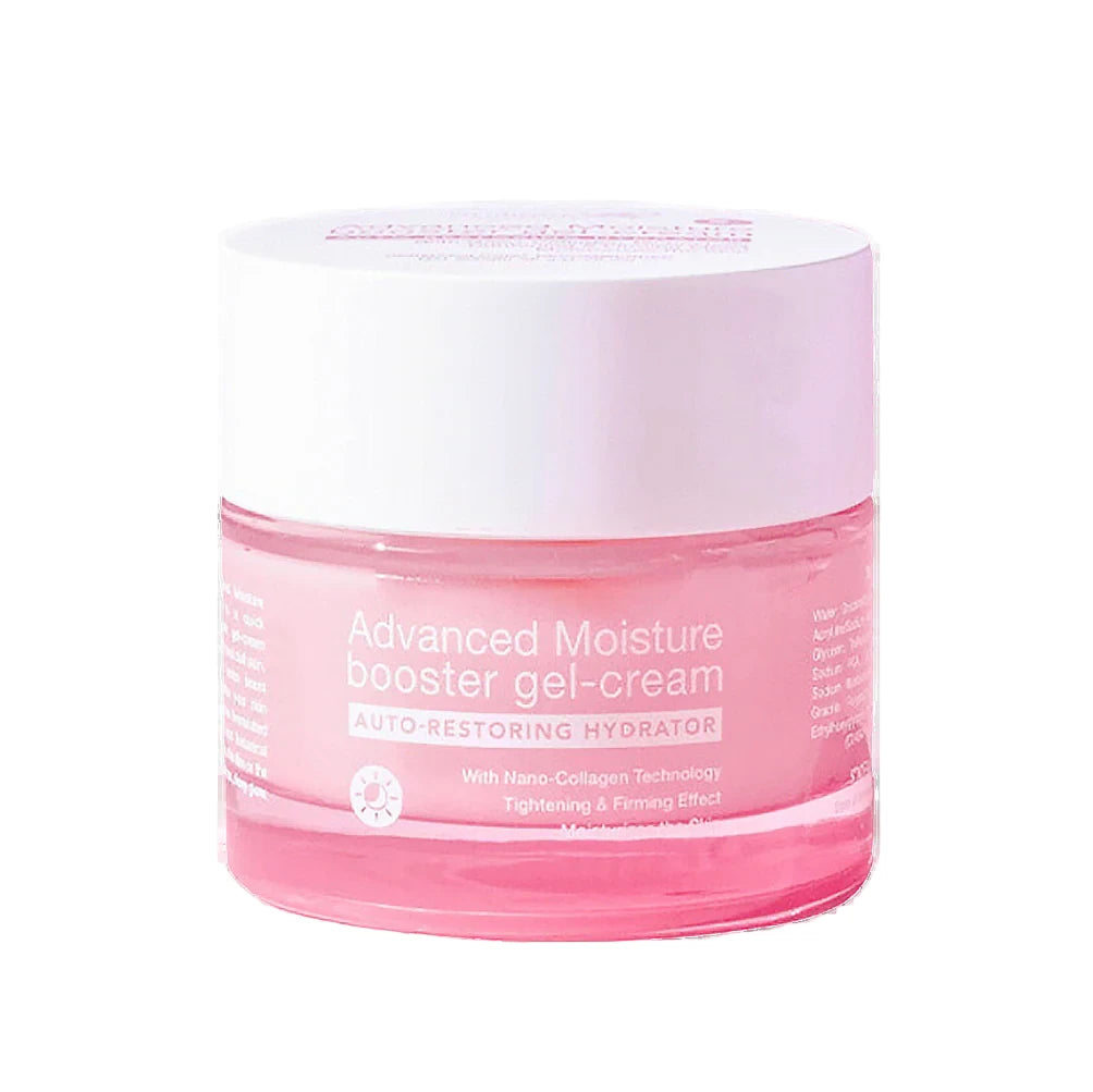 Pink jar of Advanced Moisture Booster Gel-Cream on a white background