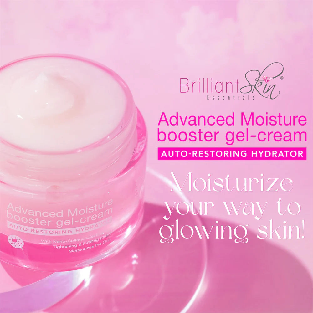 Jar of Advanced Moisture Booster Gel-Cream with 'Brilliant Skin' branding on a pink background