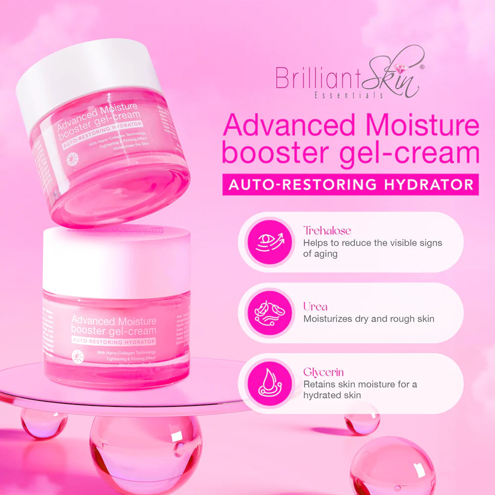 Pink gel-cream jar with 'Brilliant Skin' branding on a pink background