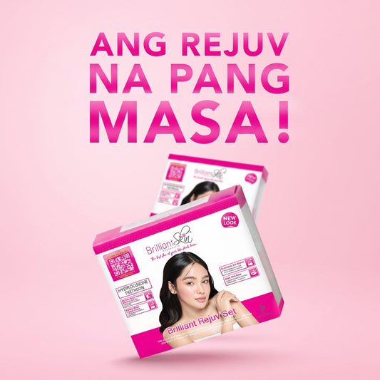Brilliant Rejuv product packaging on a pink background with text 'ANG REJUV NA PANG MASA!'.
