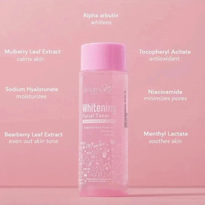 Pink facial toner bottle with ingredient list on a pink background