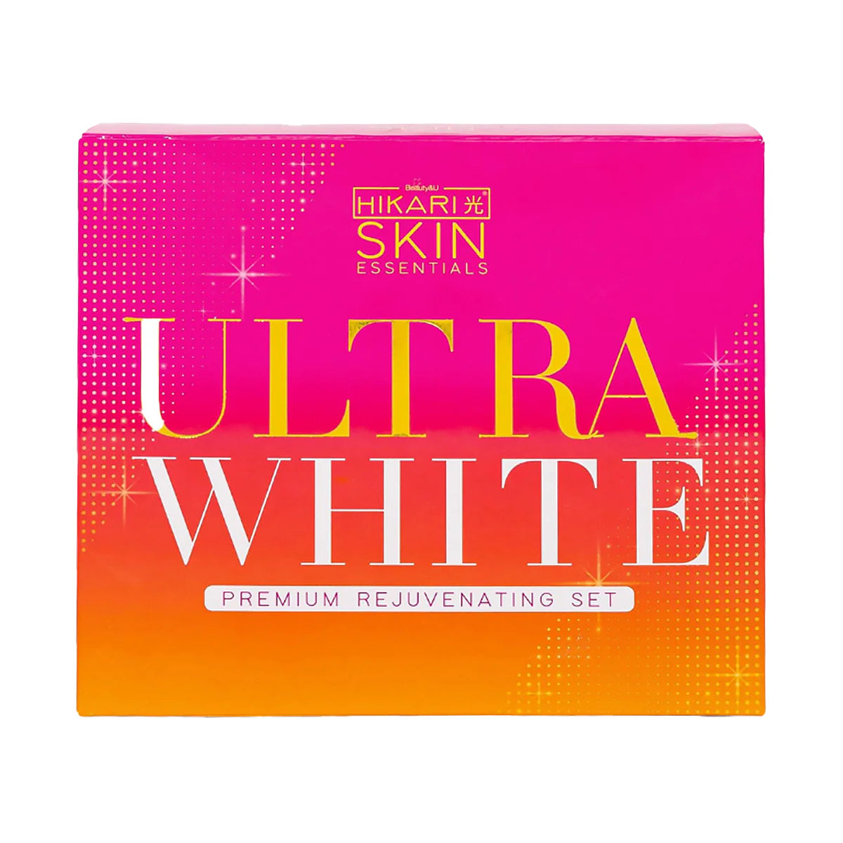 Pink and orange box of Hikari Skin Essentials Ultra White Premium Rejuvenating Set on a white background