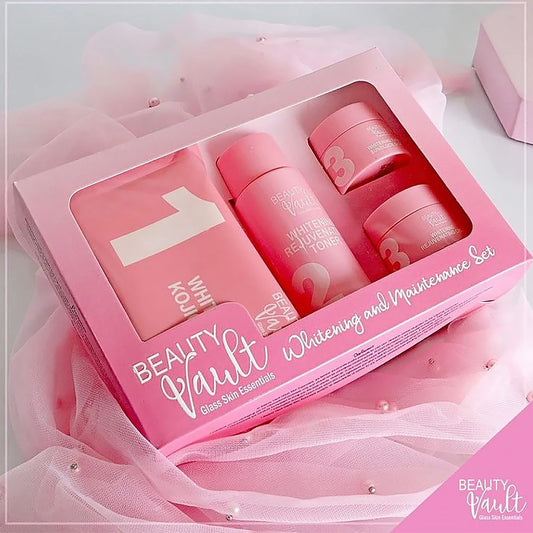 Pink skincare product set in a box labeled 'Beauty Vault' on a light pink background.