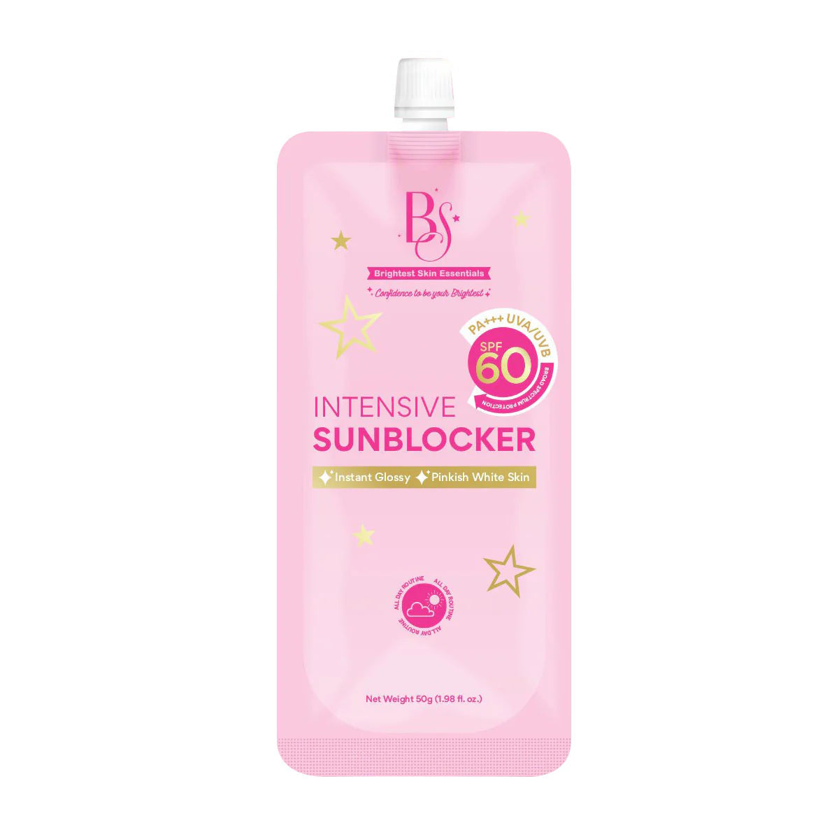 Pink sunblocker packaging with branding on a white background