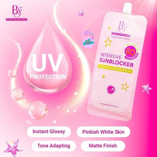 Intensive sunblocker packaging with UV protection text on a pink background