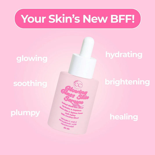 Skincare serum bottle with text on a pink background