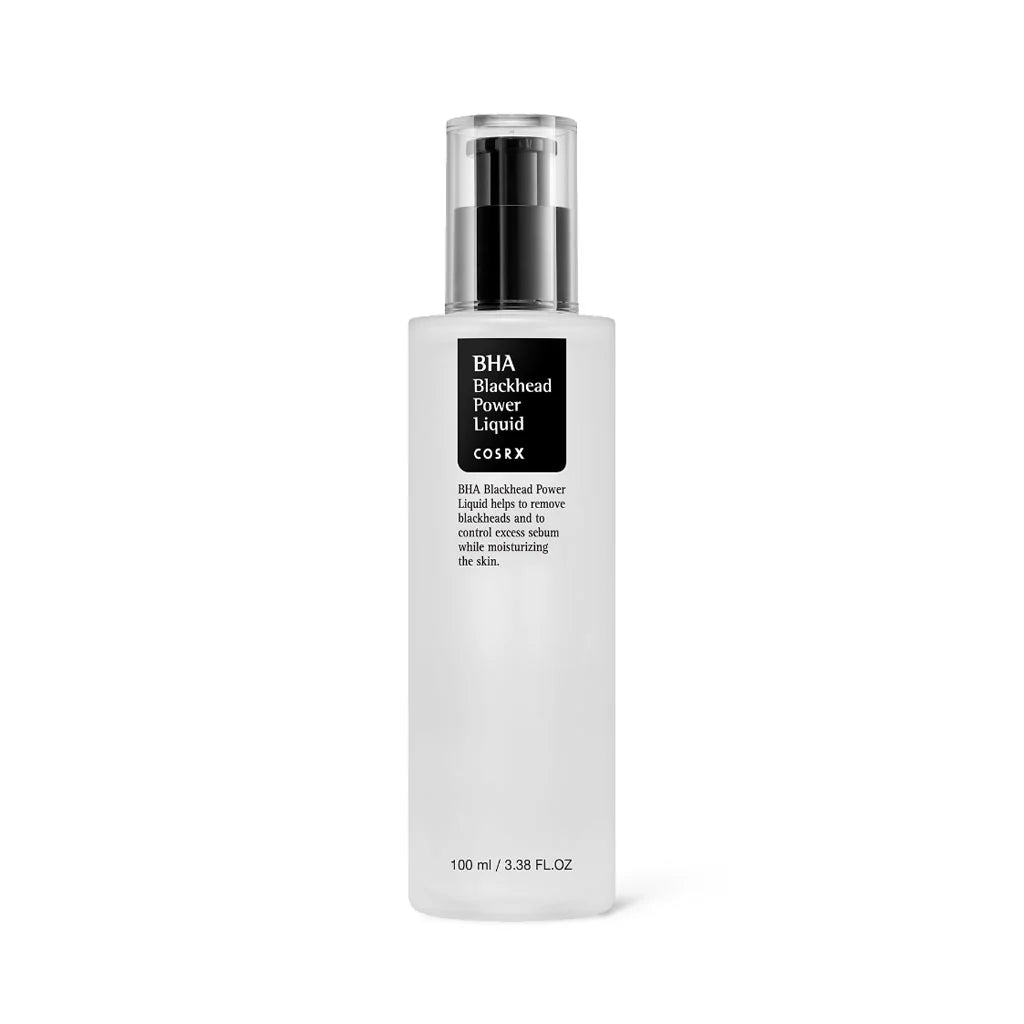White bottle of BHA Blackhead Power Liquid with black label on a white background