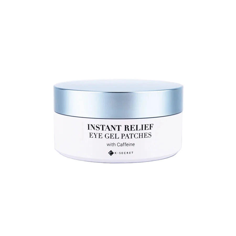 Jar of Instant Relief Eye Gel Patches with Caffeine on a light gray background