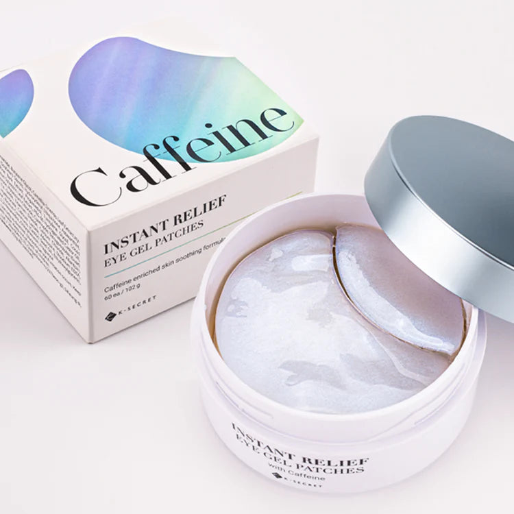 Caffeine instant relief eye gel patches with packaging on a white background