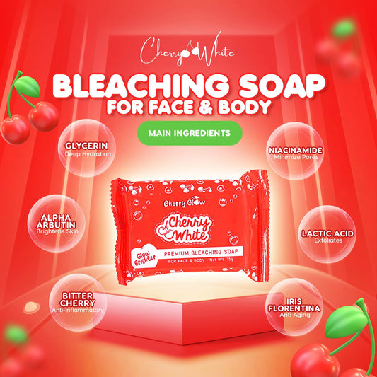 Cherry White Bleaching Soap packaging with cherry graphics on a red background
