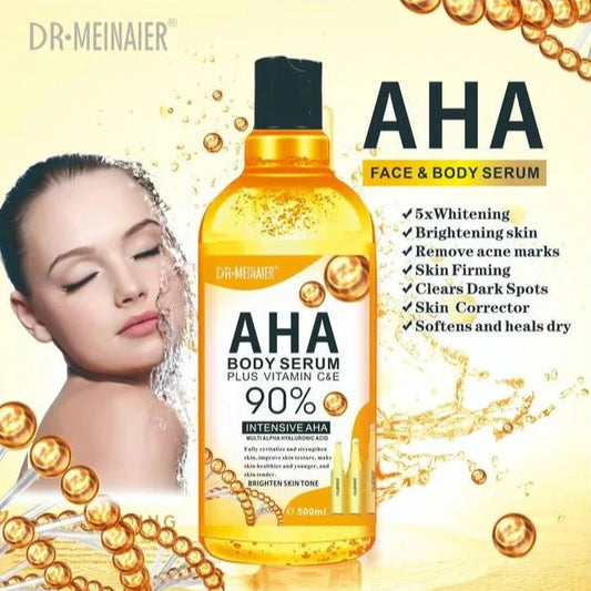 Dr. Meinaier AHA body serum with a woman's face and product details on a yellow background