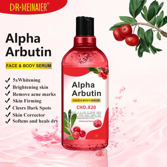 Alpha Arbutin face and body serum bottle with cherry and leaf graphics on a white background